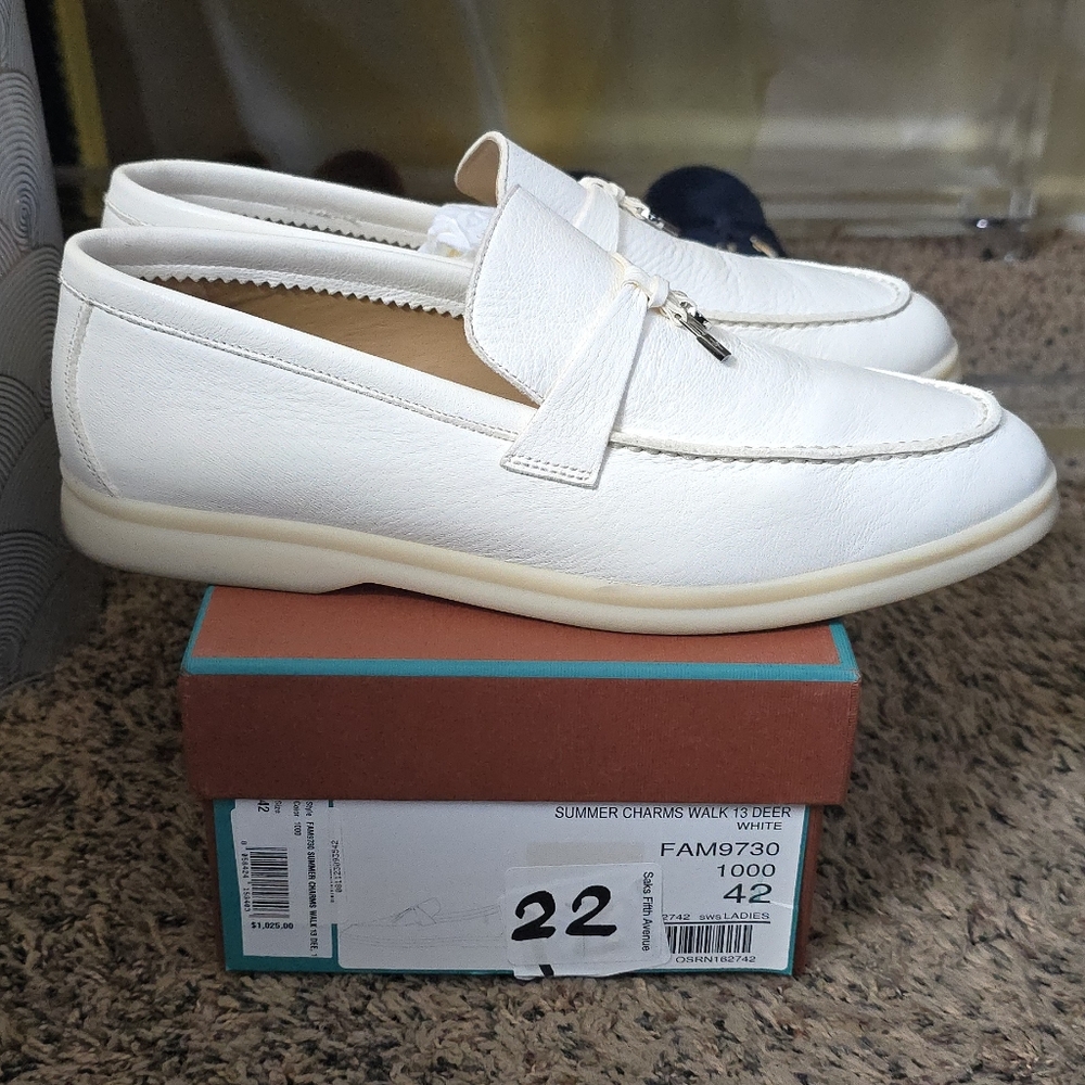 Loro Piana Summer Charms Walk Leather Loafers White
